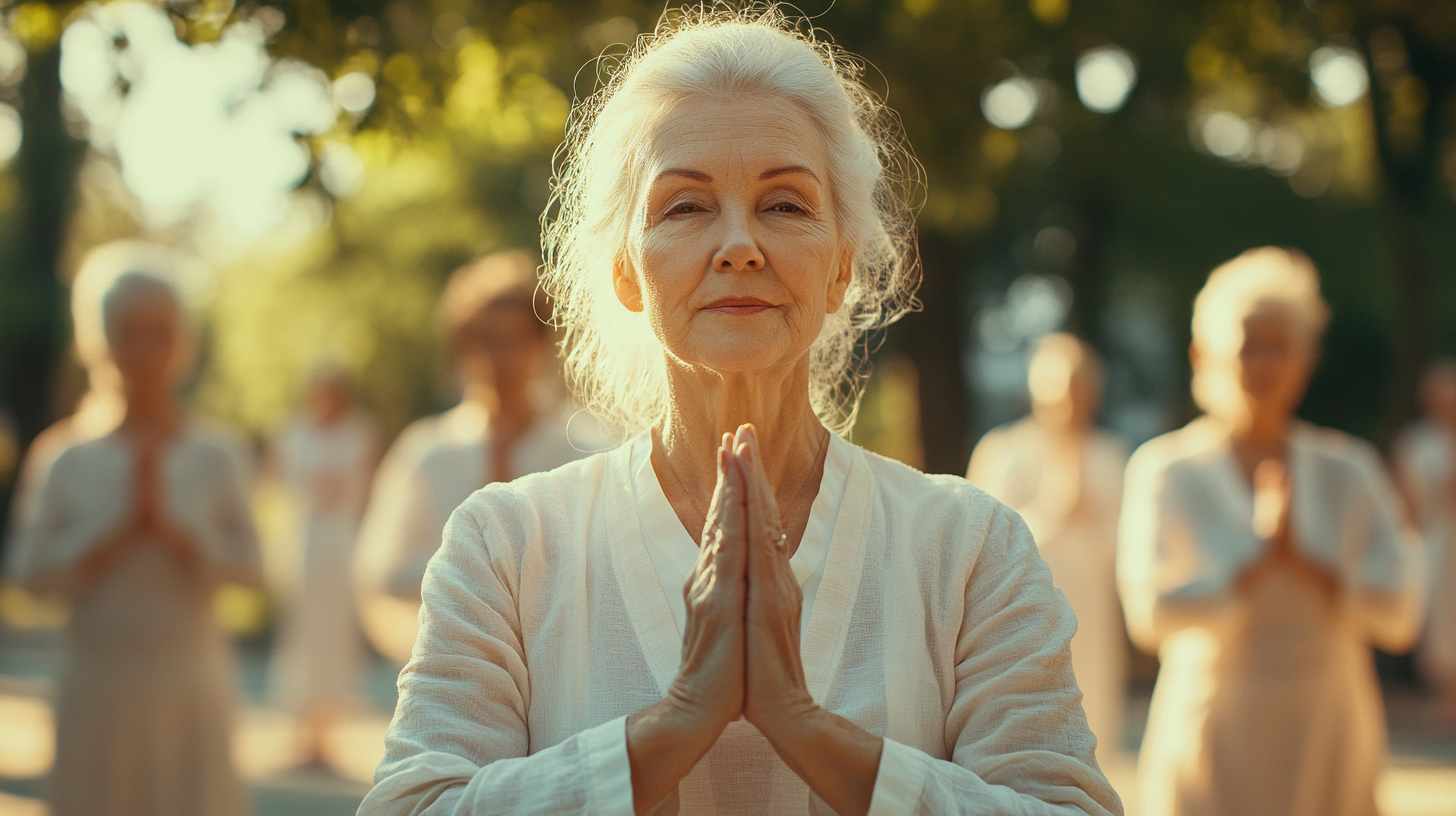 Група людей старшого віку займається йогою на свіжому повітрі